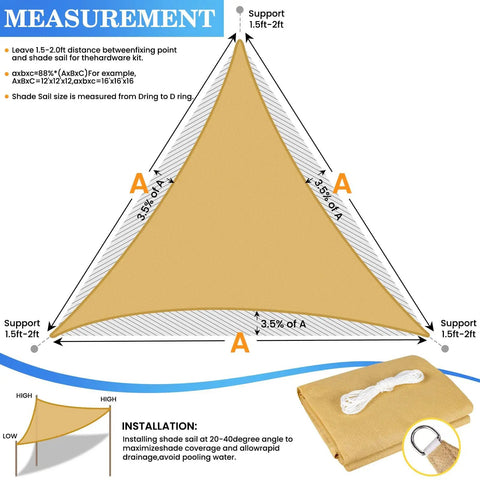 Measurement and installation guide for Rugged Heavy Duty Sun Shade Sail For Outdoor Patio And Backyard, UV Protection Canopy, Tear Resistant Wind Sail For Deck, Lawn And Garden, Triangle Shade, 6x6x6 Feet, Sand.