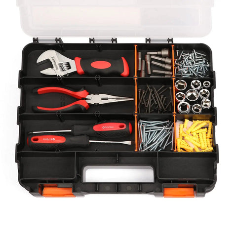 Two Piece Double Side Tool Organizer with impact resistant polymer, 34 compartments with tools, black body, clear lid, orange closures