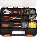 Double Side Tools Organizer With Removable Dividers, 34-Compartment Hardware Storage Box with tools and screws visible