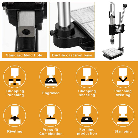 Close-up of the Upgraded Dope Leather Hole Puncher Kit For DIY Crafts Hand Punching Tool with ductile iron base and functionality guide.