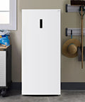 Solid Heavy Duty Workhorse Upright Convertible Refrigerator And Freezer Combo With Twenty One Cubic Feet in white, set in a garage.