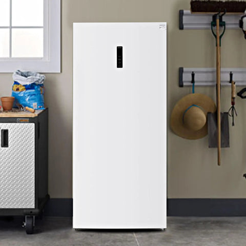 Solid Heavy Duty Workhorse Upright Convertible Refrigerator And Freezer Combo With Twenty One Cubic Feet in white, set in a garage.