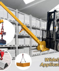 Forklift Jib Boom Crane With Adjustable Tilt 6600 Lbs Capacity lifting various loads in a warehouse setting.