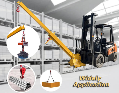 Forklift Jib Boom Crane With Adjustable Tilt 6600 Lbs Capacity lifting various loads in a warehouse setting.