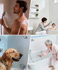 Man, woman with child, dog, and elderly woman using 2 Pack Vacuum Suction Cup Shower Head Mount With Height Adjustable Holder, Chrome