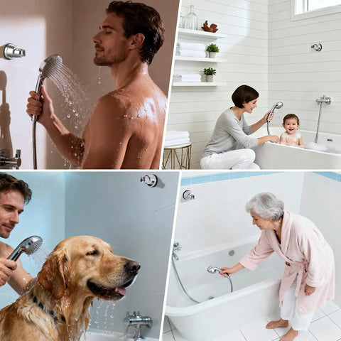 Man, woman with child, dog, and elderly woman using 2 Pack Vacuum Suction Cup Shower Head Mount With Height Adjustable Holder, Chrome