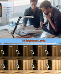 Two people working with 15X Magnifying Glass Lamp With Clamp And Stand, 72 LED Desk Light With Three Color Temperatures, showing brightness levels.