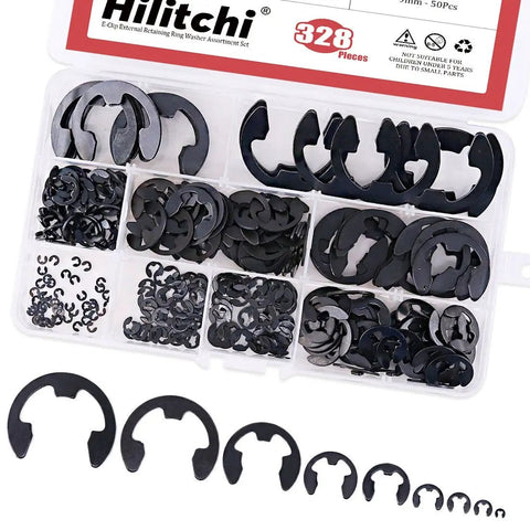 Alloy Steel External E Clip Retaining Ring Set 328 Piece Kit With 14 Sizes From 1.5mm To 15mm in plastic organizer box