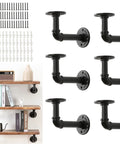 Beefy Wall Hanging Shelf Brackets Set Of 6 Heavy Duty Rustic Black Metal Pipe Brackets For DIY Open Shelving Floating Shelves Supports Farmhouse Home Decor with installation hardware and example shelving setup.
