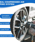 Person using Heavy Duty 3/4 Inch Shop Air Line Kit with 100, 200, and 300 Foot Runs, HDPE Aluminum Piping, to inflate car tire.