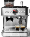 Next-Level Semi Automatic Espresso Machine With Dual Boiler And Built-In Grinder crushing espresso shots into two glass cups.