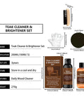 All In One Teak Wood Cleaner And Restoration Kit With Brightener For Indoor Outdoor Furniture Marine Decks And Patios Includes Stain Remover And Easy Application Tools product packaging.
