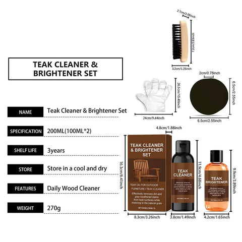 All In One Teak Wood Cleaner And Restoration Kit With Brightener For Indoor Outdoor Furniture Marine Decks And Patios Includes Stain Remover And Easy Application Tools product packaging.