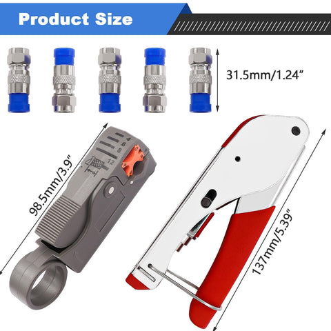 Coax Cable Crimper Tool Set For RG59 RG6 RG58 with Wire Stripper and Compression Fittings includes 5 F Type RG6 connectors.