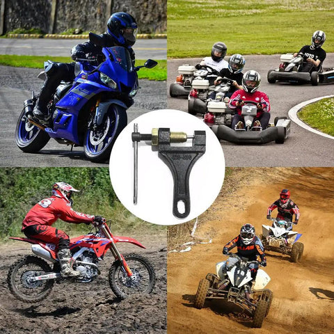 Rugged Chain Breaker Tool For Motorcycles, Bicycles, ATVs And Scooters with racing motorcycles and ATVs background
