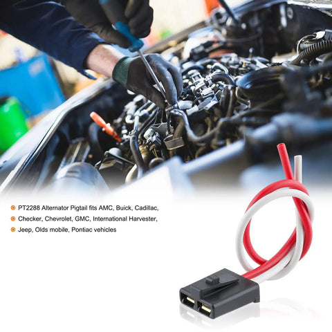 Alternator pigtail connector replacement for PT2288 with heavy-duty wire harness, fits 72 to 88 GM cars and trucks, visible during repair.