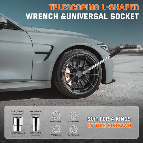 Telescoping L-shaped wrench and universal socket for heavy duty scissor jack, suitable for tire screws.
