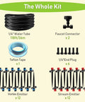 Easy DIY 118 Foot Drip Irrigation Kit with Quick Connects including 1/4 inch tubing, faucet connectors, emitters, Teflon tape, plugs.