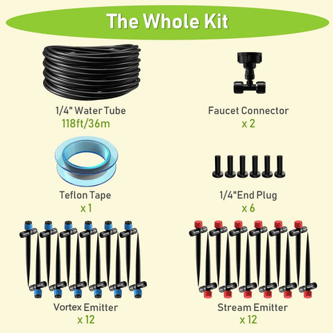 Easy DIY 118 Foot Drip Irrigation Kit with Quick Connects including 1/4 inch tubing, faucet connectors, emitters, Teflon tape, plugs.