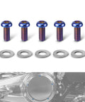Badass Slick Blue Titanium Alloy Derby Cover Screws For Harley Road Glide FLTRX And Heritage Softail Classic FLSTC 5 Piece Heavy Duty Corrosion Resistant Motorcycle Fastener Kit arranged with washers.