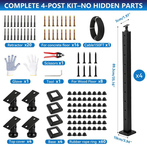 Heavy Duty Four Pack Deck Cable Railing Kit With 164 Foot Stainless Wire Rope Invisible Connectors Complete Hardware with tools and accessories.