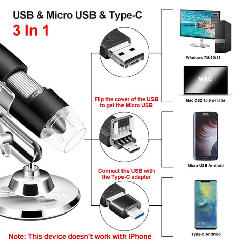 USB Digital Microscope For Android Windows Linux And Mac High Resolution Wired Scope With Live View Screenshot And Video Capture Ideal For Coins Electronics Microbiology And Tiny Details, 3-in-1 USB, Micro USB and Type-C adapters
