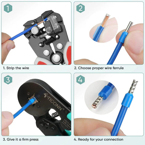 Step-by-step use of Ferrule Crimping Tool Kit With 1200 Ferrules And Insulated Wire Terminals Self Adjusting Ratchet Wire Crimper