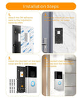 Installation steps for No Drill Ring Doorbell Mount For Renters Adhesive Stick On Solution shown on a door with instructions.