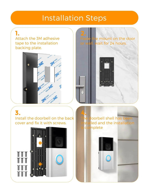 Installation steps for No Drill Ring Doorbell Mount For Renters Adhesive Stick On Solution shown on a door with instructions.