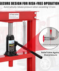 Heavy Duty 12 Ton Hydraulic Shop Press, Solid H Frame showing secure pressure release design and hydraulic mechanism.