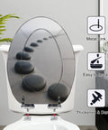 Toilet Seat Slow Close Elongated for Bathroom with black stones design, measures 18.5x14.5 inches, easy to install and durable.