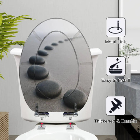 Toilet Seat Slow Close Elongated for Bathroom with black stones design, measures 18.5x14.5 inches, easy to install and durable.