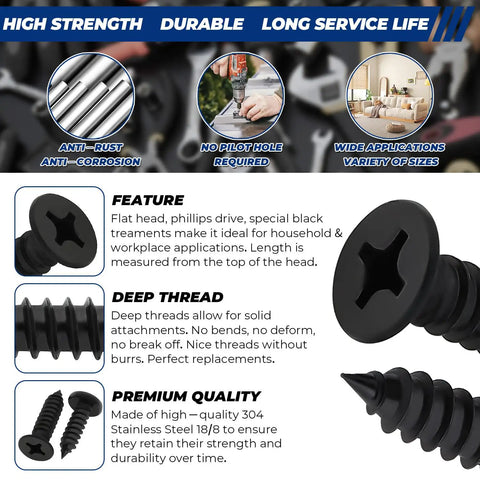 Badass Fifty Piece Kit Of Black 304 Stainless Steel Number 12 Flat Head Phillips Sheet Metal Screws Half Inch Length Job Site Ready Fastener Bundle Drops Right In Comes With Swappable Driver Bits No Sweat Setup close-up of black stainless screws with detailed features.