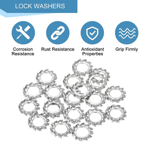 Badass M4 External Tooth Washers 304 Stainless Steel Locking Rings in a pile, 8mm wide, corrosion resistant serrated fasteners.