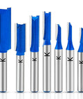 Top Shelf 7 Piece Straight Cut Router Bit Set 1/4 Inch Shank For No Sweat Routing Sweet Grooves Dados And Precision Woodworking Tasks Built Tough For Daily Shop Grind, displaying eight straight router bits.