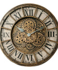 18 Inch Moving Gears Wall Clock Oversized Industrial Steampunk Design With Antique Oil Rubbed Bronze Finish front view showcasing gears and Roman numerals.