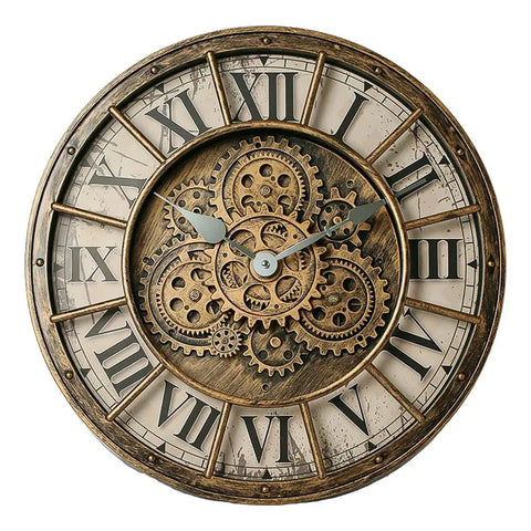 18 Inch Moving Gears Wall Clock Oversized Industrial Steampunk Design With Antique Oil Rubbed Bronze Finish front view showcasing gears and Roman numerals.