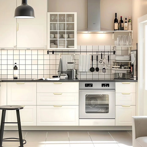 Modern kitchen with Gold Edge Finger Cabinet Pulls 3.15 Inch Aluminum Drawer Handles Set of 5 installed on white cabinets