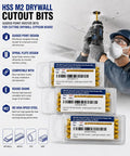 Heavy Hitter Titanium Nitride Coated Hss Rotary Tool Bits For Drywall Sheetrock And Plywood With Precision Sabre Tip For No Mess Outlet Box Trimming And Ceiling Tile Projects Rock Solid 100 Piece Set with yellow bits and a tool in use.
