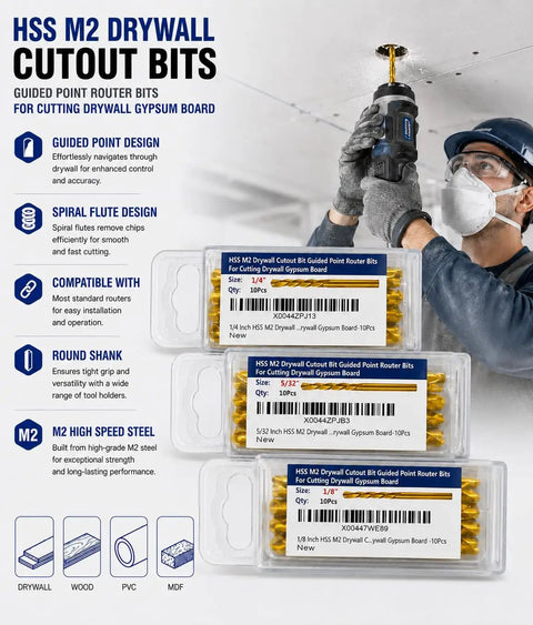 Heavy Hitter Titanium Nitride Coated Hss Rotary Tool Bits For Drywall Sheetrock And Plywood With Precision Sabre Tip For No Mess Outlet Box Trimming And Ceiling Tile Projects Rock Solid 100 Piece Set with yellow bits and a tool in use.