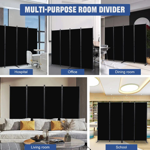 6 Ft Portable Room Divider 4 Panel Folding Privacy Screen, 88 Inch Wide Fabric Partition showcased in various settings