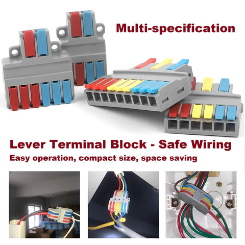 3 In 9 Out Quick Lever Push In Electrical Wire Terminal Block Five Pack for Surface Wiring and Inline Circuits 0.08 to 6 mm2
