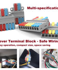 Quick Lever Push In Wire Splitter Connector Two In Four Out Heavy Duty Copper Core Terminal Block shown in various angles and applications.