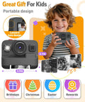Child holding Kids Instant Print Camera With Dual Front And Rear Lenses For Selfies, next to camera dimensions and gift icons