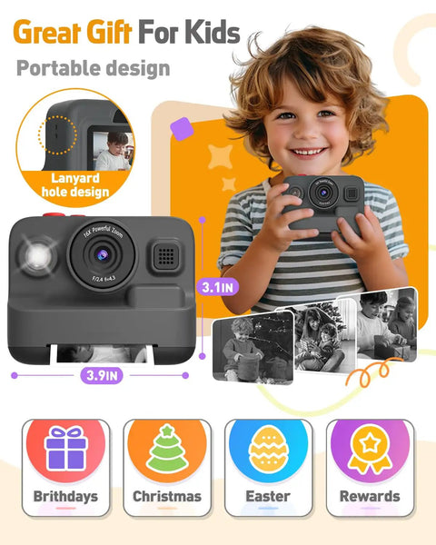 Child holding Kids Instant Print Camera With Dual Front And Rear Lenses For Selfies, next to camera dimensions and gift icons