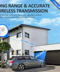 Long range wireless driveway alarm system at modern house with car, showcasing motion sensor and signal coverage