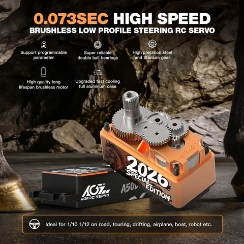 Low Profile Brushless RC Servo With 19Kg Torque, 0.073s Per 60 Degrees At 8.4V, Programmable, 25T Metal Horn, For 1/10 And 1/12 Scale Drift Cars And Trucks, A50BHL 2026 Special Edition Celebration Model showing CNC metal gears and casing.
