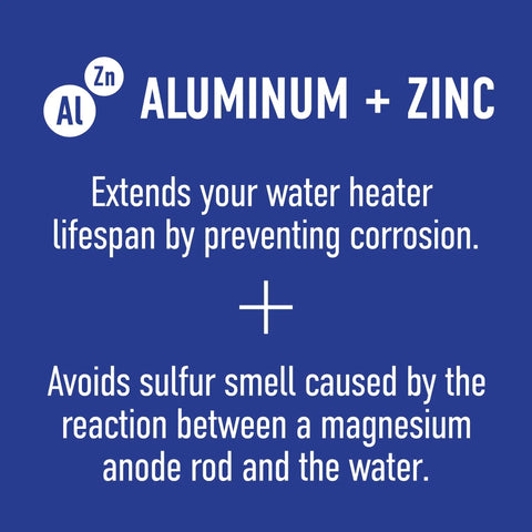 Aluminum Zinc Water Heater Anode Rod With 3/4 NPT Outlet, text highlighting corrosion protection and odor prevention benefits.