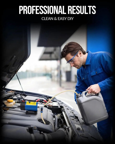 Badass 12 Volt Electric Oil Extractor Pump For Faster Engine And Transmission Fluid Siphon Directly Through Dipstick Tube With Zero Messy Spills On Every Car Truck And Boat Garage Job in use under car hood.