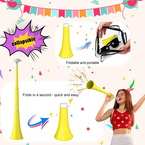 24 Inch Collapsible Stadium Horn for Loud Crowd Cheering, ABS Air Horn shown in use and folded portable size, bright yellow